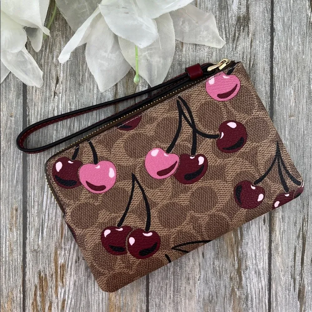Coach Corner Zip Wristlet In Signature Canvas Cherry Print Wallet Bag Purse